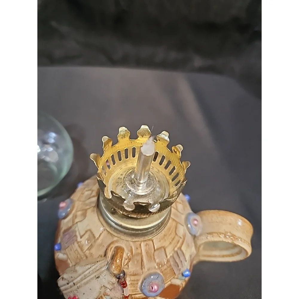 Vtg. Handmade Miniature Pottery Oil Lamp, Artist Signed, 7.5